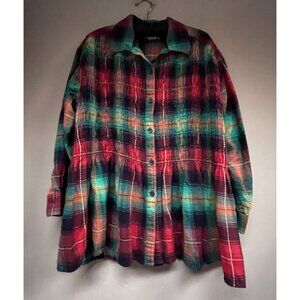 Limited Jeans Smocked Front Button Down Flannel Plaid Shirt Medium Red Green